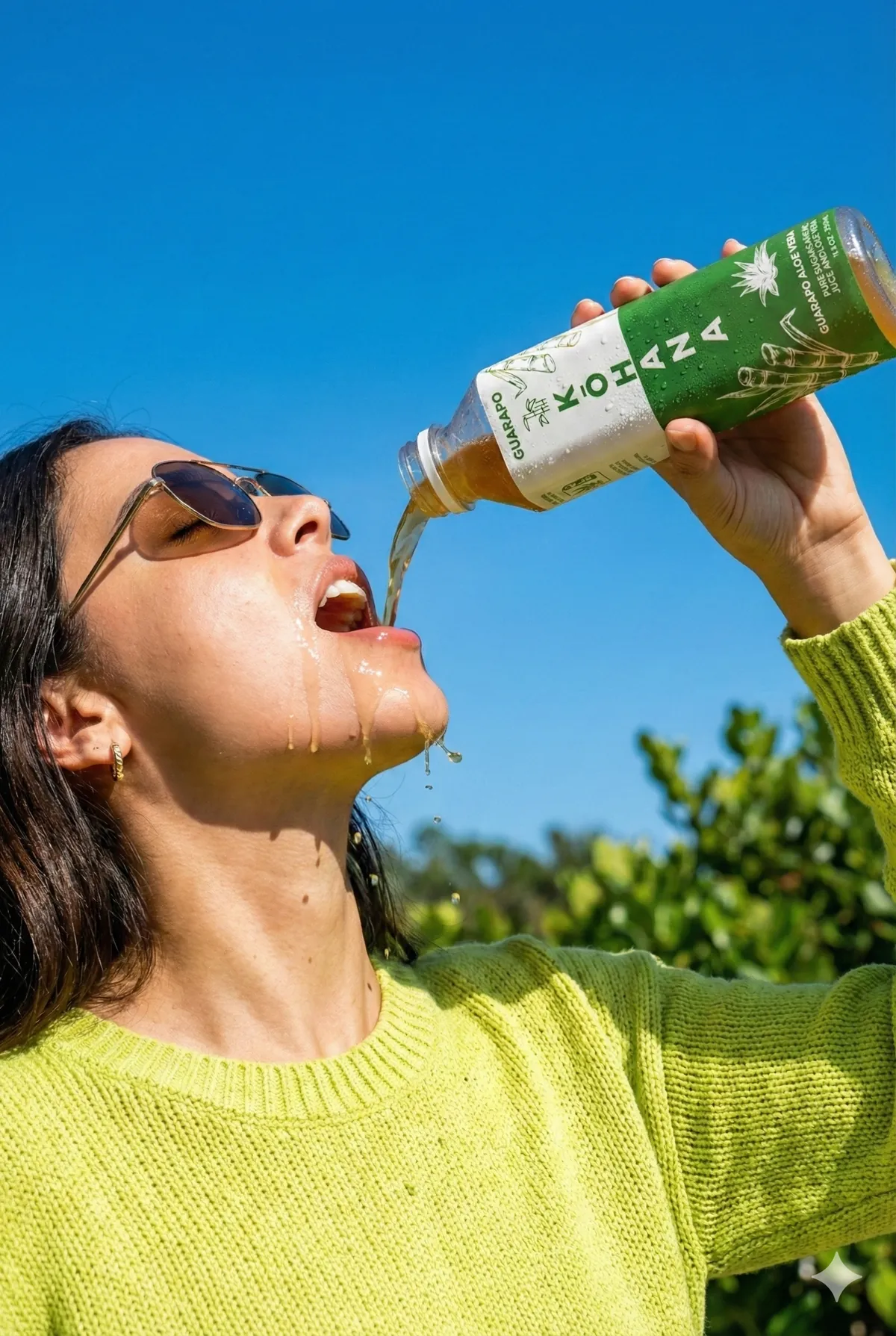 Persona bebiendo Kōhana Jugo de Caña Aloe Vera directamente de la botella bajo un cielo azul