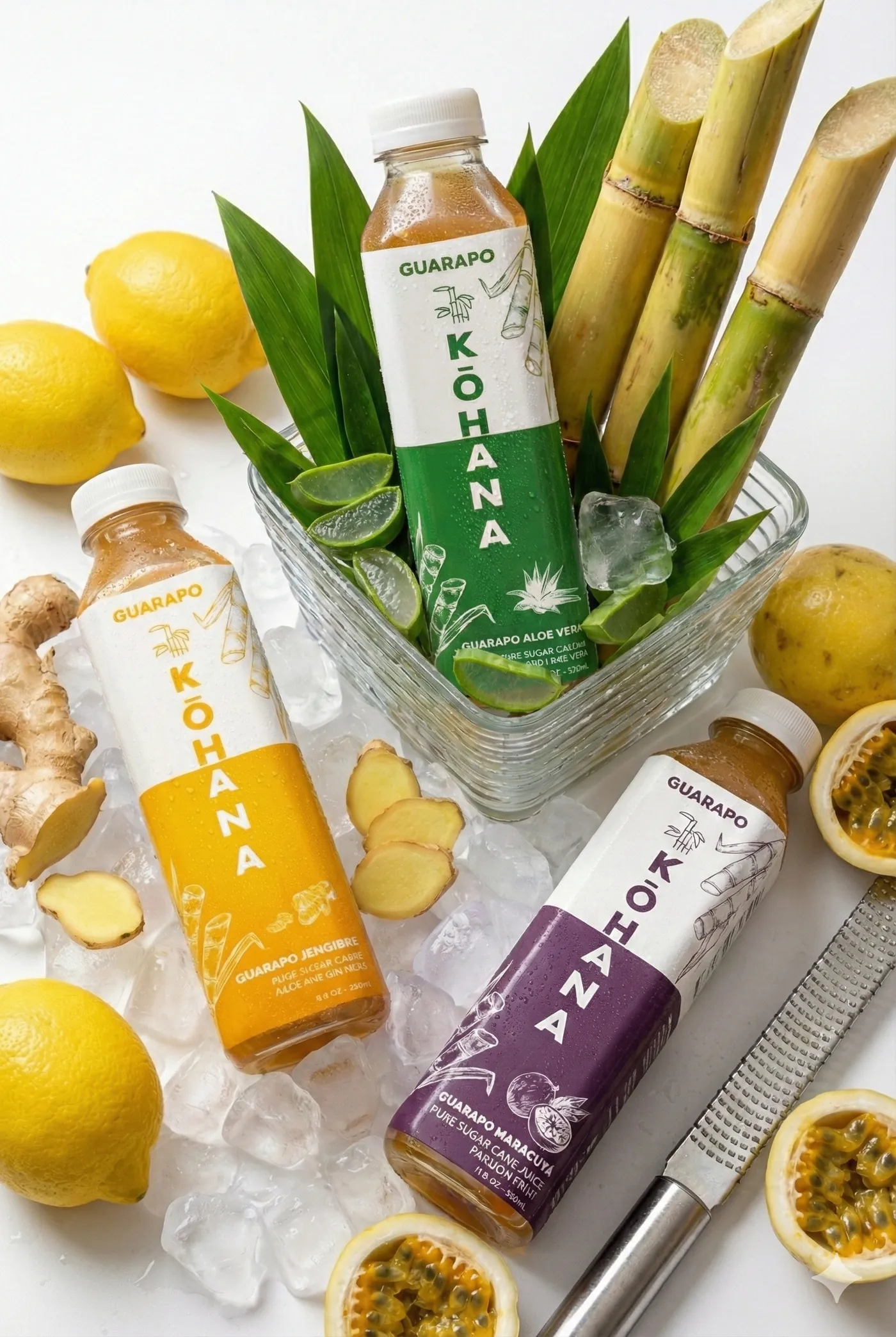 Las cinco botellas de Kōhana sobre hielo, con caña, limón, jengibre y maracuyá